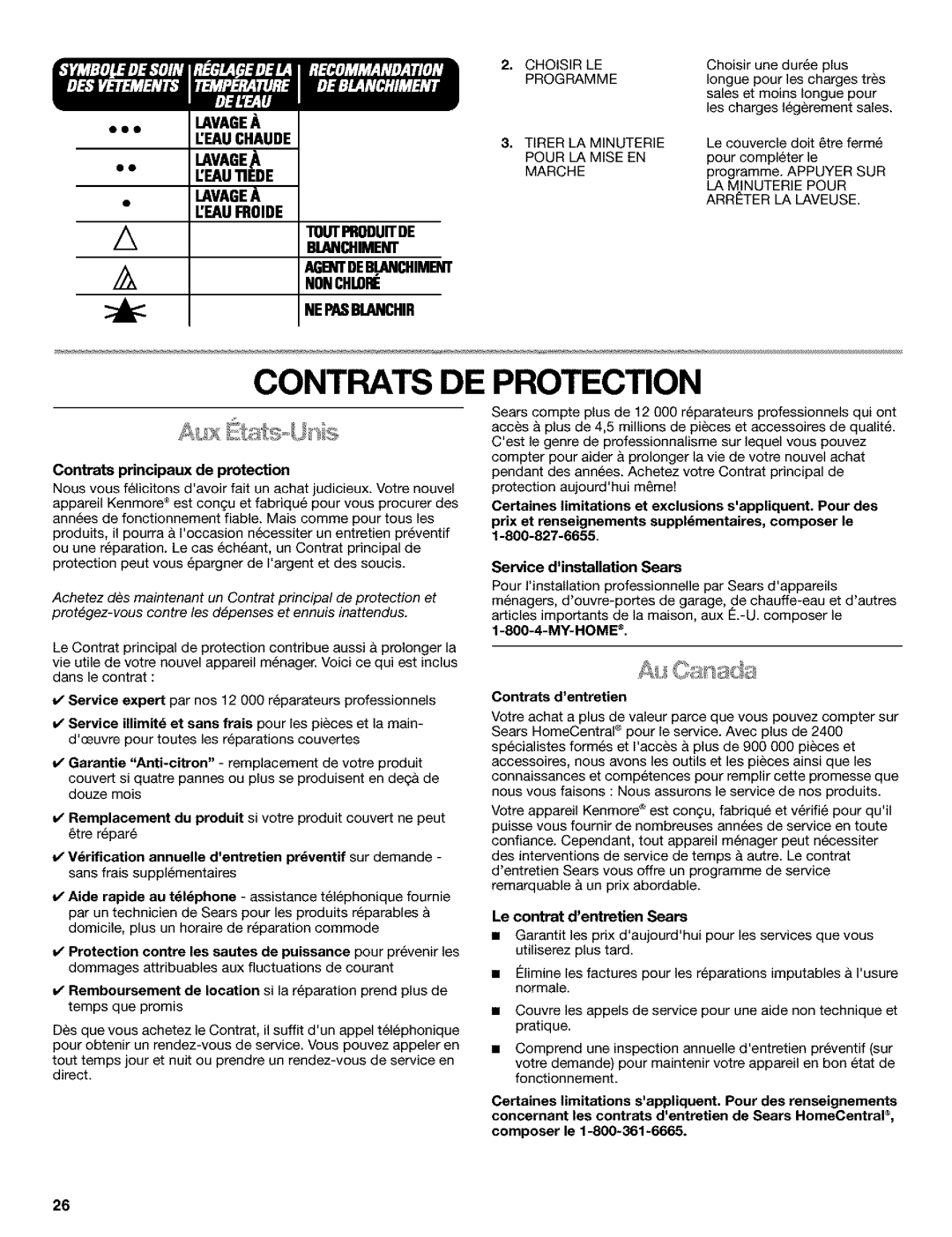 Kenmore 110.25852400 manual Contrats DE Protection, Contrats principaux de protection, Le contrat dentretien Sears 