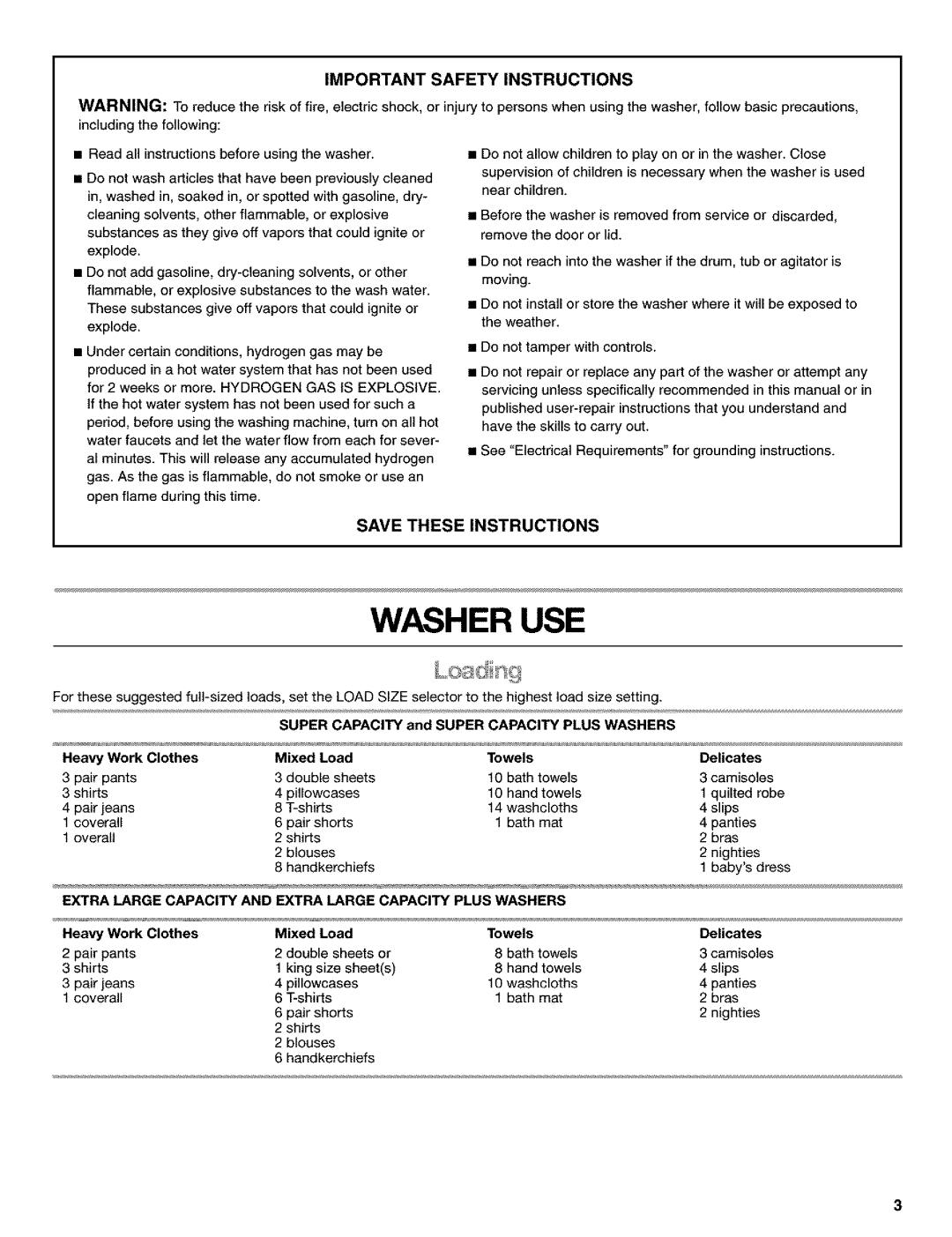 Kenmore 110.25852400 manual Importantsafetyinstructions, Heavy Work Clothes Mixed Load Towels Delicates 