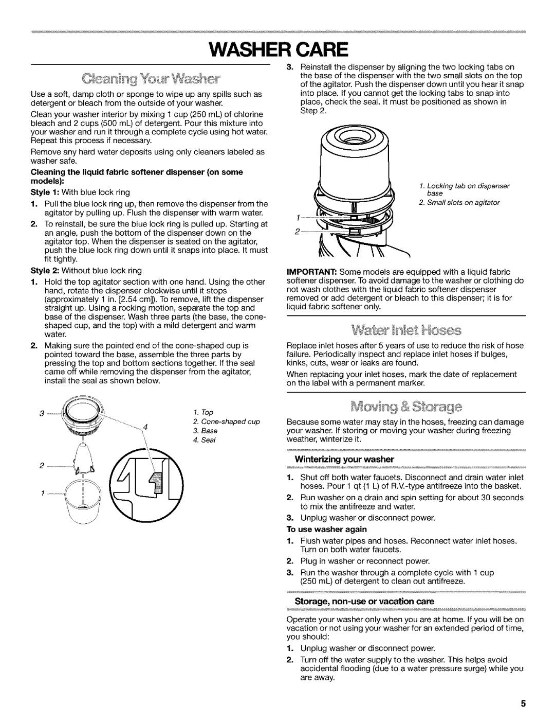 Kenmore 110.25852400 manual Washer Care, Winterizing your washer, To use washer again, Storage, non-use or vacation care 