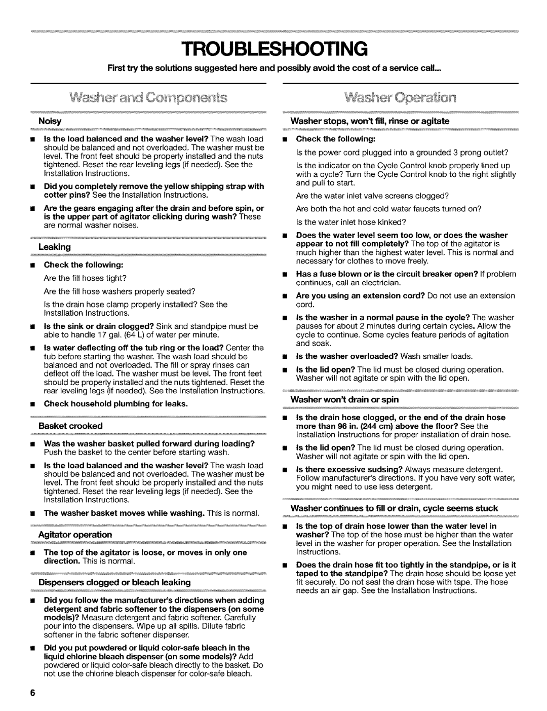 Kenmore 110.25852400 manual Troubleshooting, Noisy 