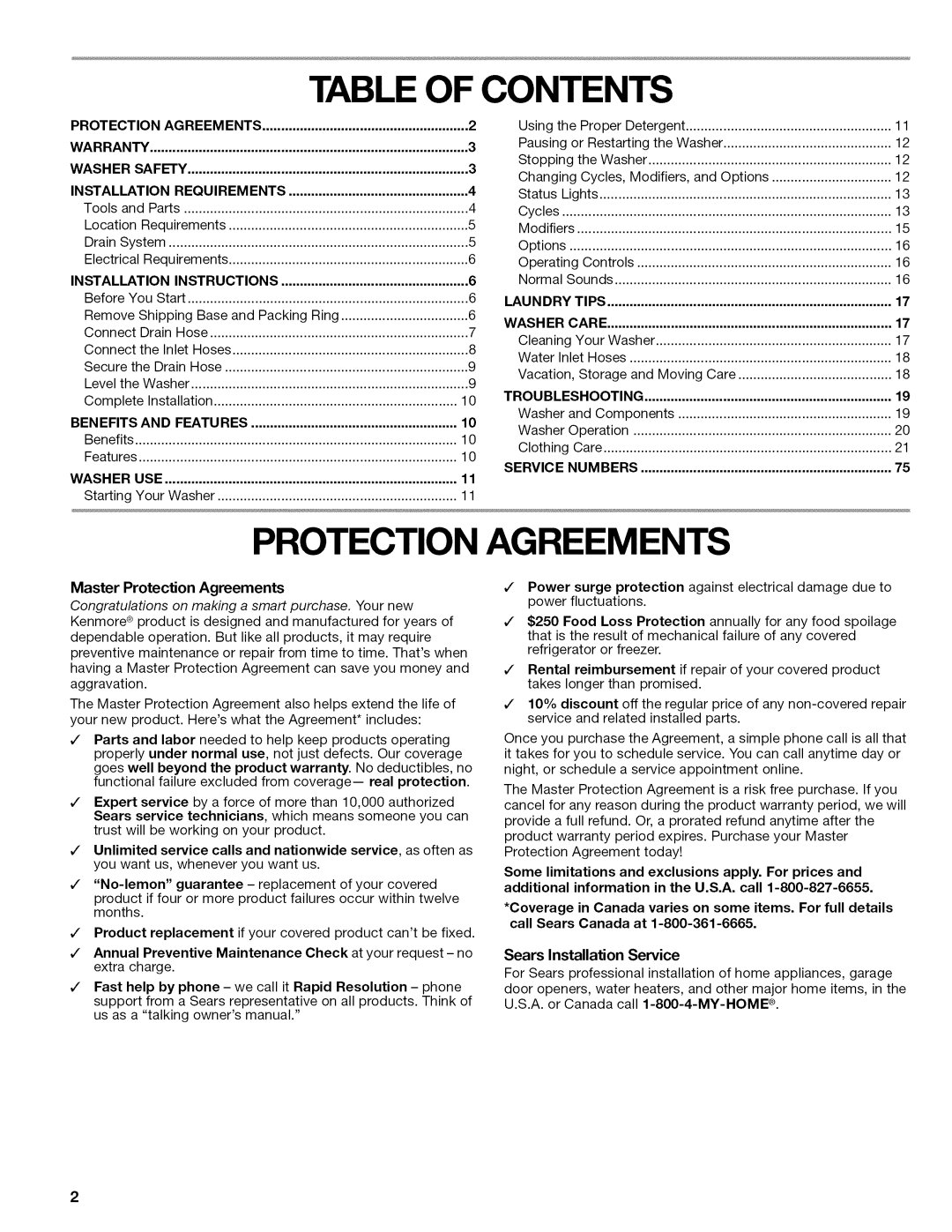 Kenmore 110.2807, 110.2806 manual Table of Contents 