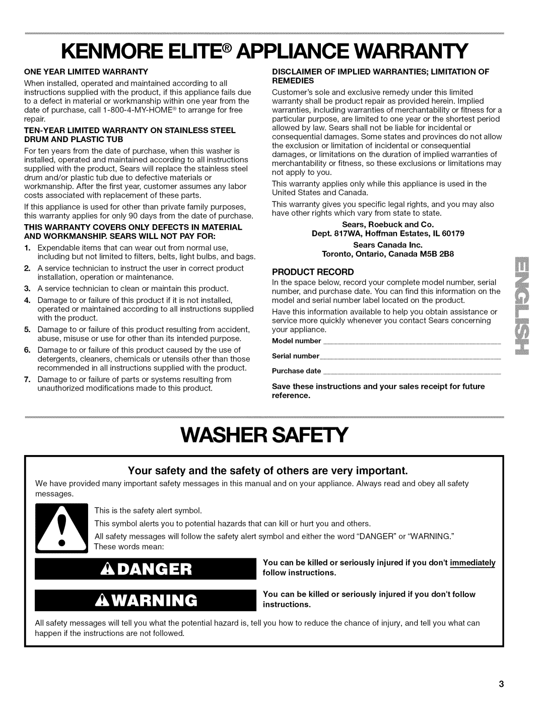 Kenmore 110.2806, 110.2807 manual Kenmore Elite Appliance Warranty, Washer Safety 