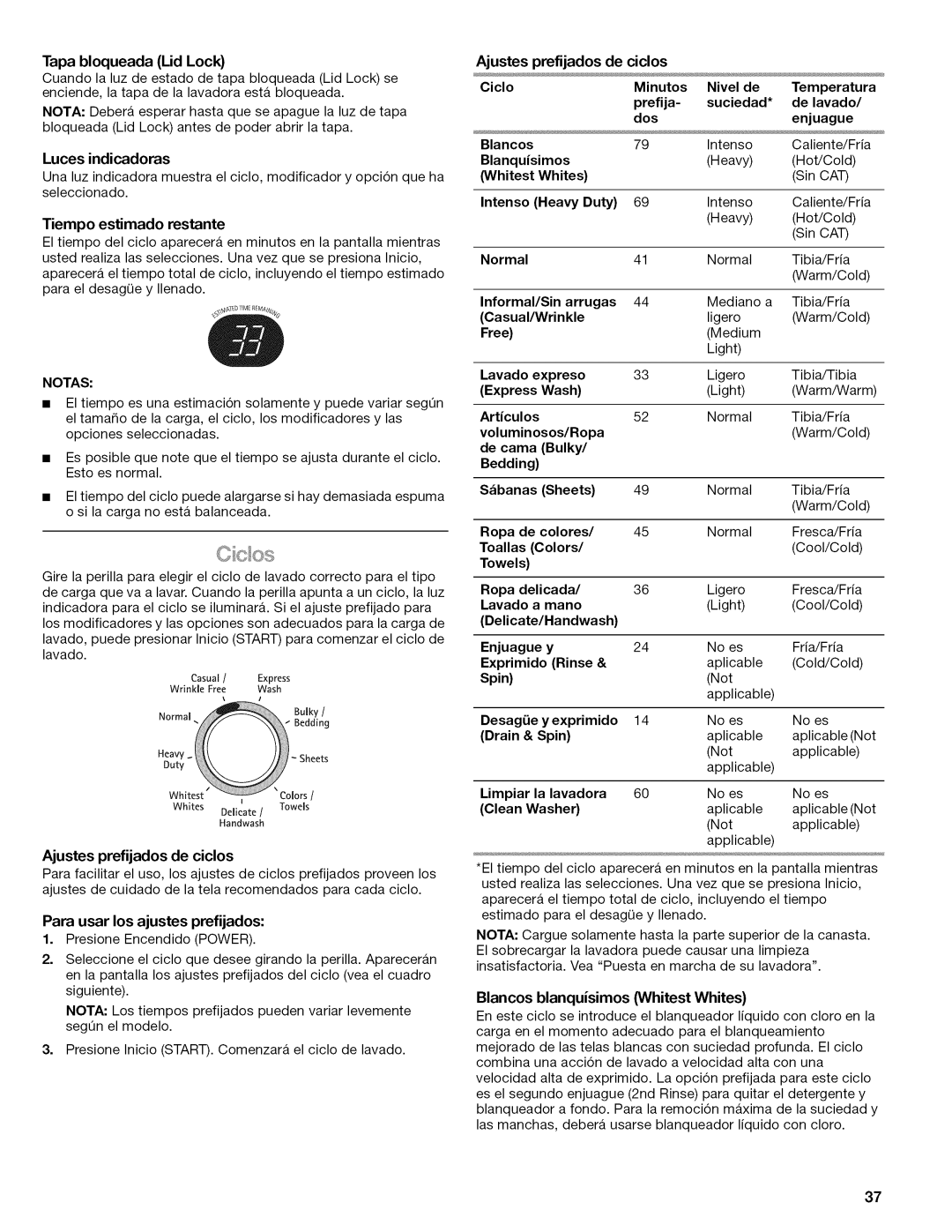 Kenmore 110.2806, 110.2807 manual Tapa bloqueada Lid Lock, Notas 