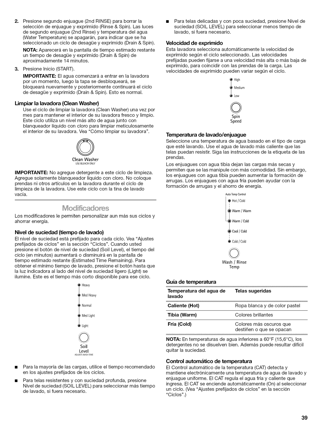 Kenmore 110.2806, 110.2807 manual Limpiar la lavadora Clean Washer, Velocidad de exprimido, Temperatura de lavado/enjuague 