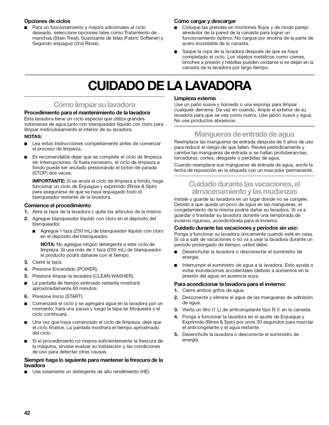 Kenmore 110.2807, 110.2806 manual Cuidado DE LA Lavadora, Cuidado durante las vacaciones y periodos sin uso 