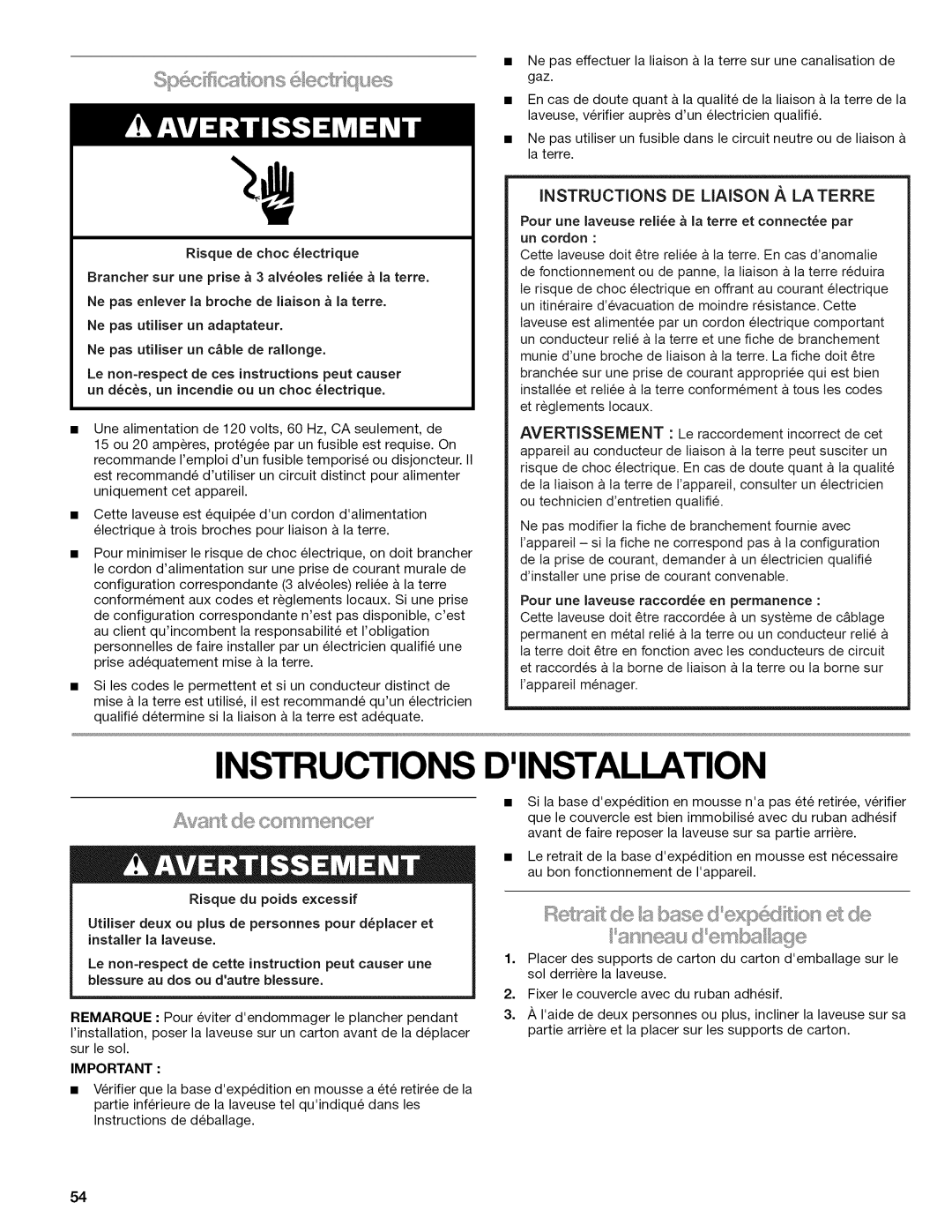 Kenmore 110.2807, 110.2806 manual Instructions Dinstallation, Le non-respect de ces instructions peut causer 