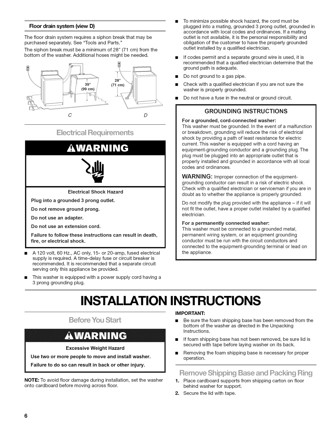 Kenmore 110.2807, 110.2806 manual Installation Instructions, Grounding iNSTRUCTiONS, Floor drain system view D 