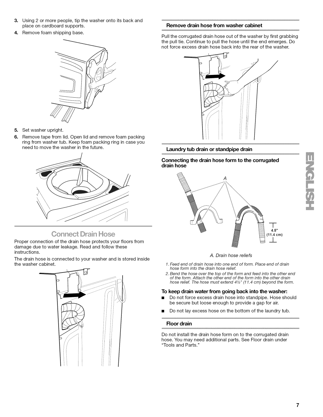 Kenmore 110.2806, 110.2807 manual Floor drain, Remove drain hose from washer cabinet, 11.4cm 