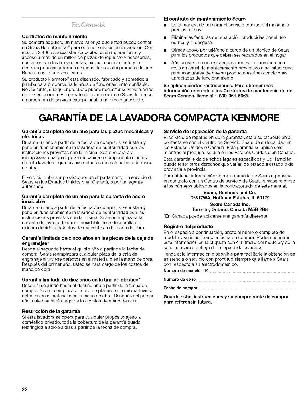 Kenmore 110.4472, 110.4418 manual Garantia DE LA Lavadora Compacta Kenmore 