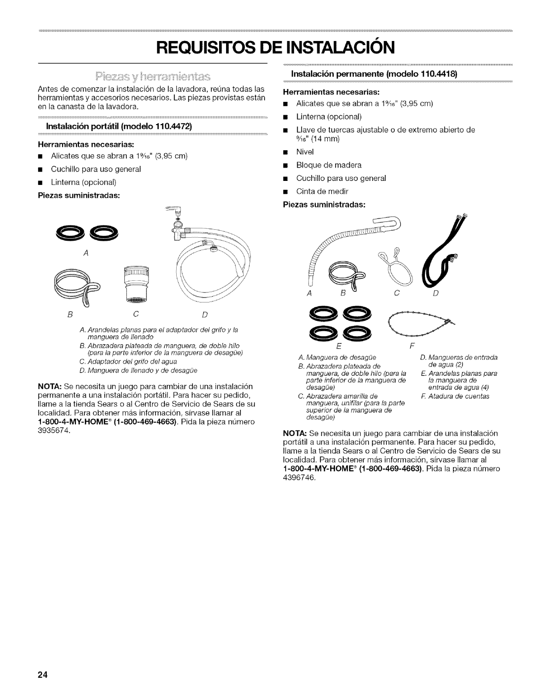 Kenmore 110.4472 manual Requisitos DE Instalacion, Instalacibn porttil modelo Herramientas necesarias, Piezas suministradas 