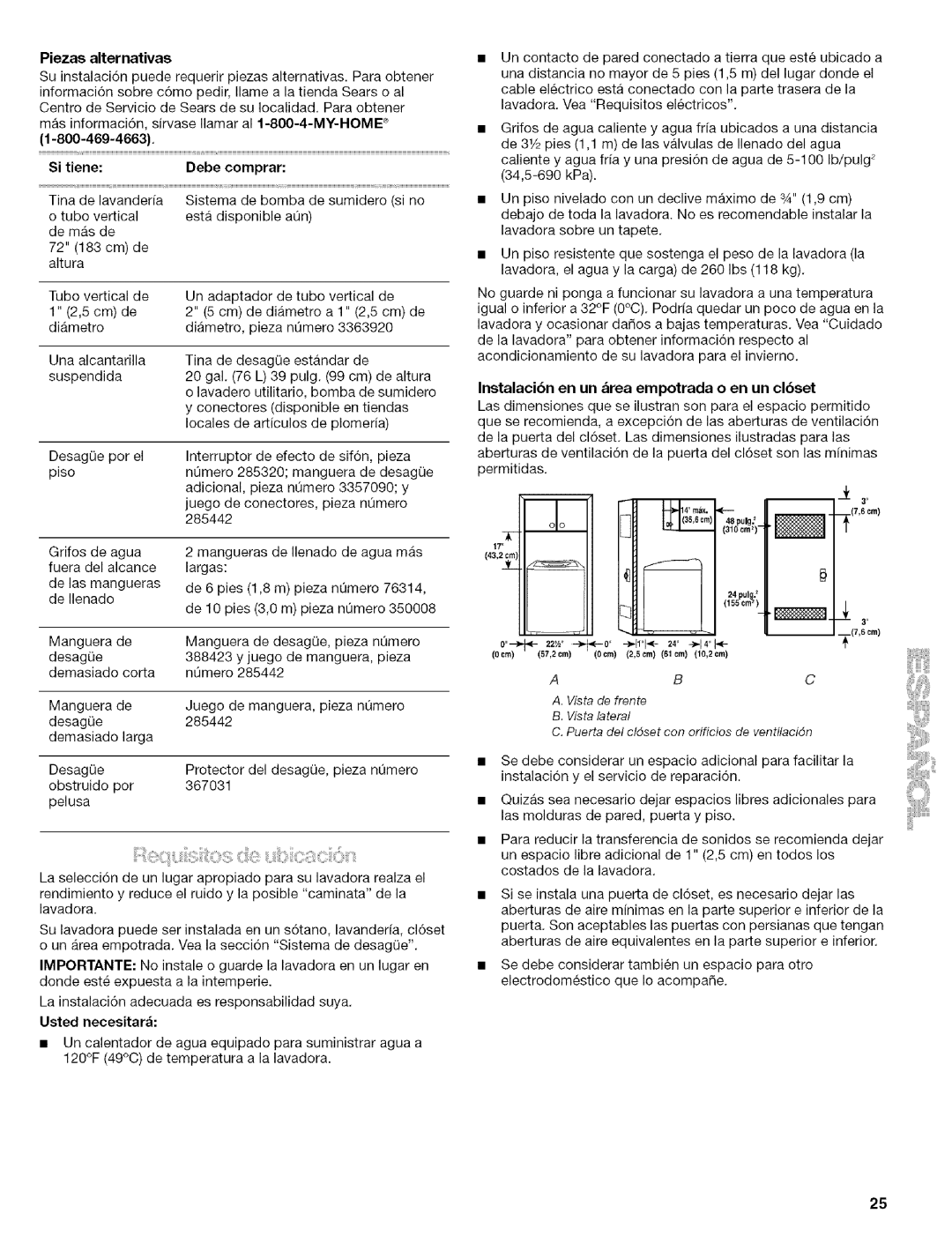 Kenmore 110.4418, 110.4472 manual Piezas alternativas, Instalacibn en un &rea empotrada o en un clbset 