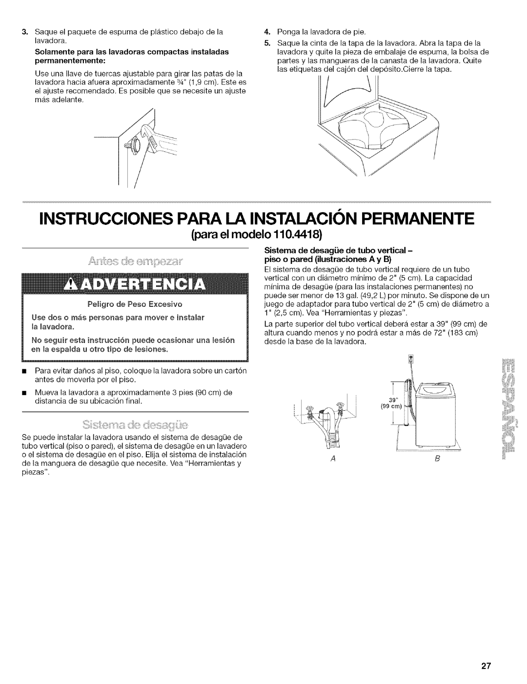 Kenmore 110.4418, 110.4472 manual Instrucciones Para LA Instalacion Permanente, Para el modelo 