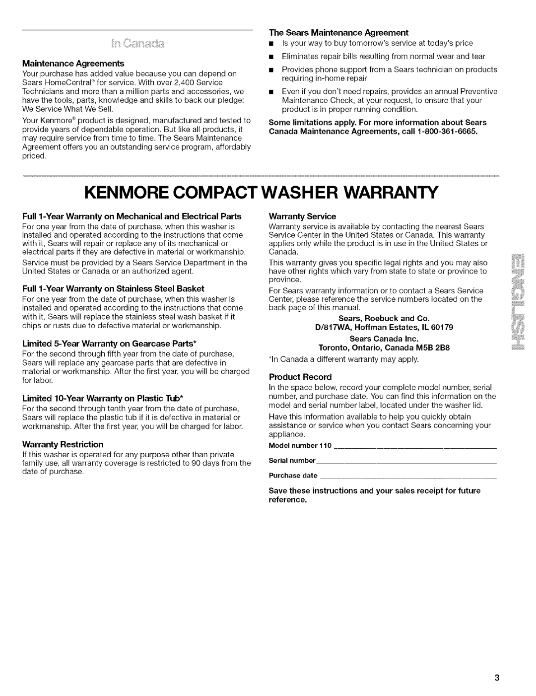 Kenmore 110.4418, 110.4472 manual Kenmore Compact Washer Warranty 