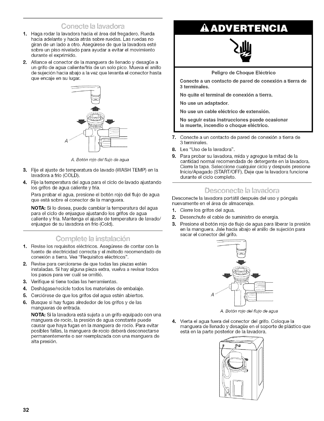 Kenmore 110.4472, 110.4418 manual Botdn rojo del flujo de agua 