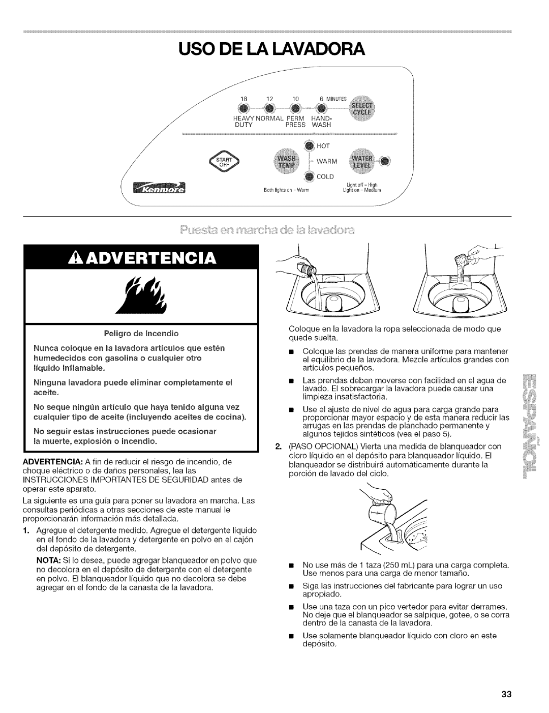 Kenmore 110.4418, 110.4472 manual USO DE LA Lavadora, Liquido inflarnabie 