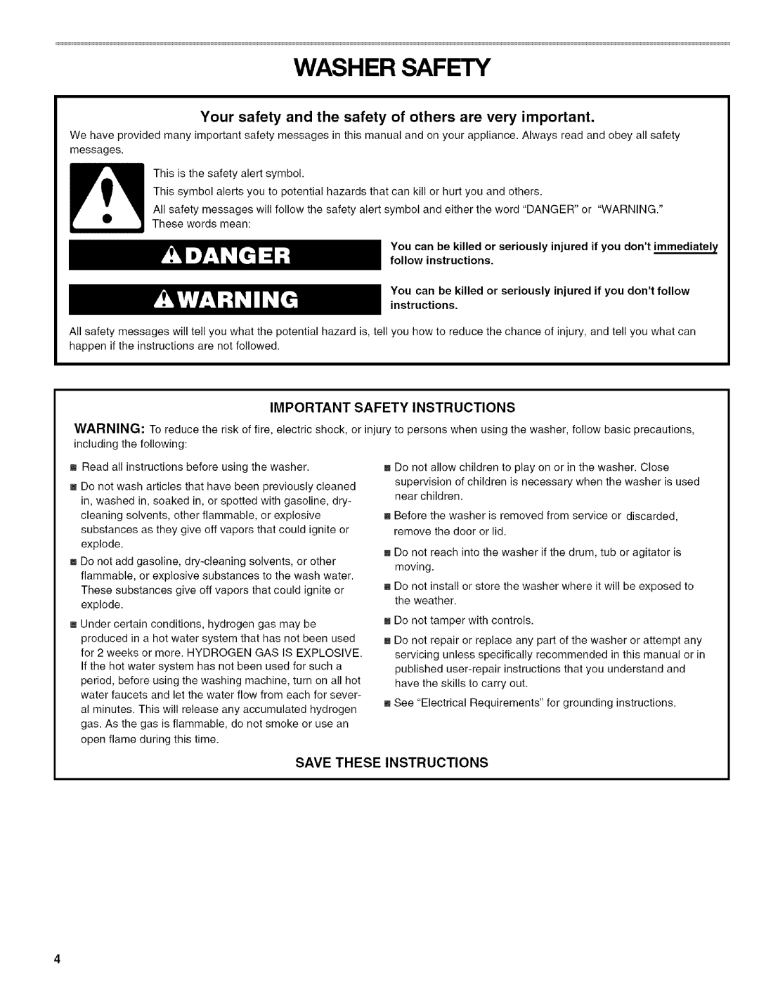 Kenmore 110.4472, 110.4418 manual Washer Safety, Your safety and the safety of others are very important 