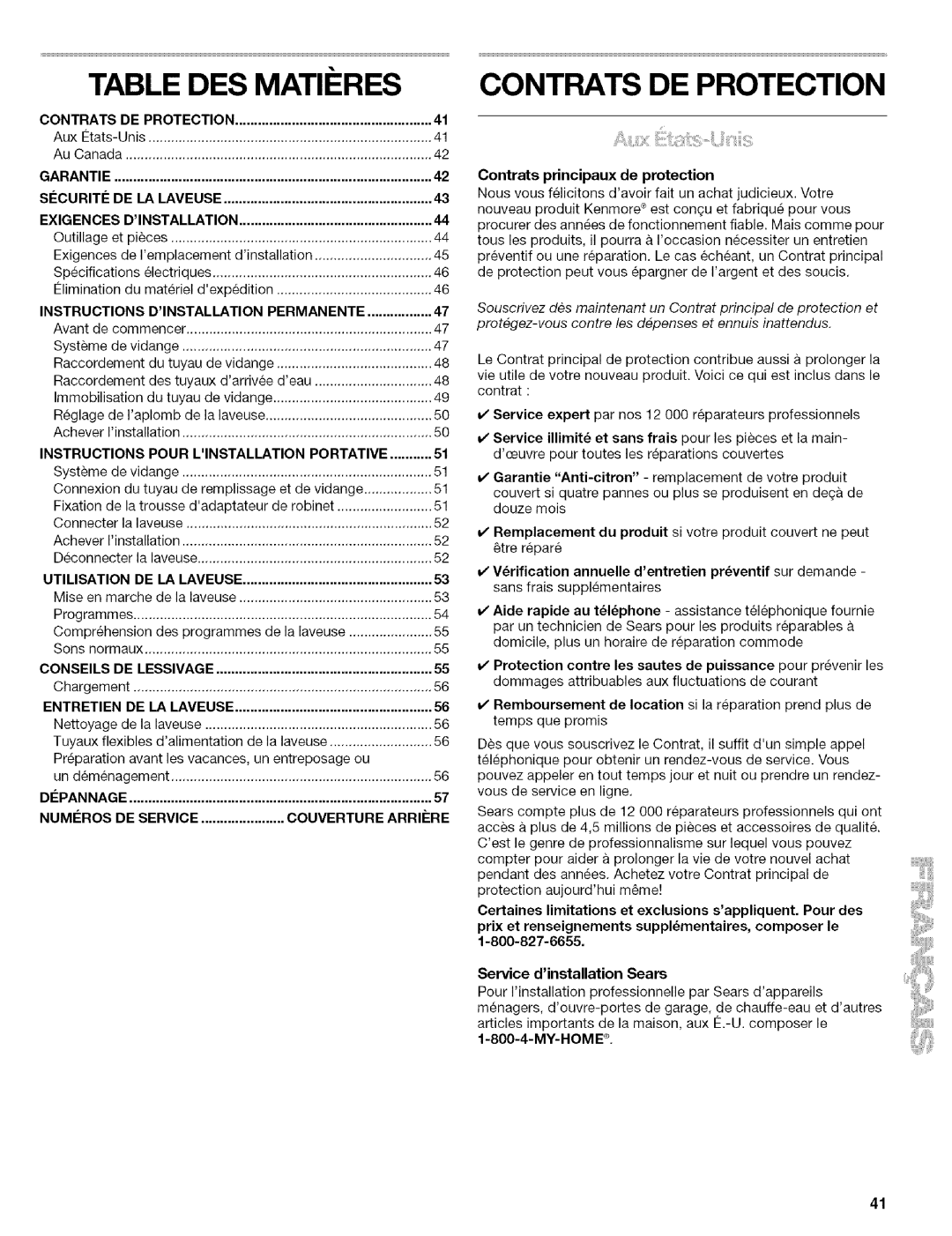 Kenmore 110.4418, 110.4472 manual Table DES Matii RES, Contrats DE Protection, Contrats principaux de protection, My-Home 