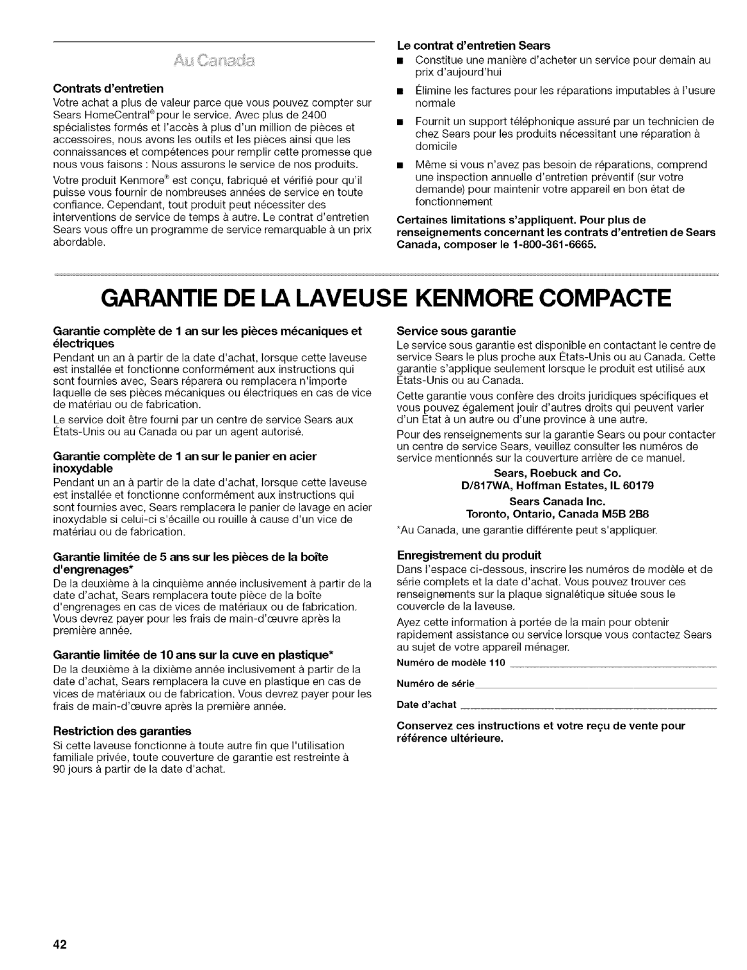 Kenmore 110.4472, 110.4418 manual Garantie DE LA Laveuse Kenmore Compacte 