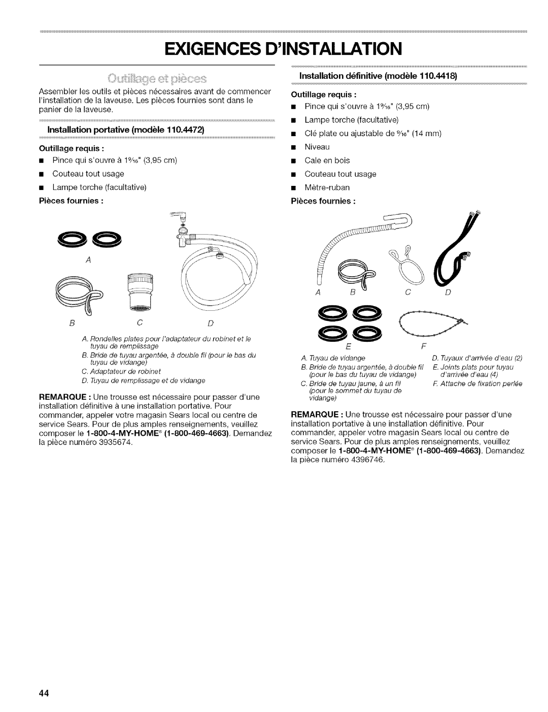 Kenmore 110.4472, 110.4418 manual Exigences Dinstallation, Installation portative modUle Outillage requis, Pices fournies 