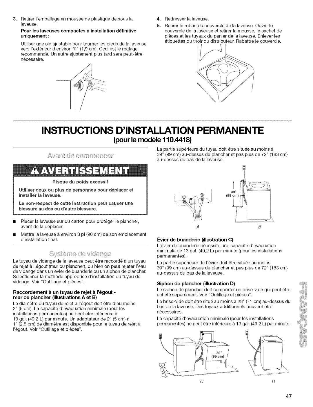 Kenmore 110.4418, 110.4472 manual Instructions Dinstallationpermanente, Levier de buanderie illustration C 