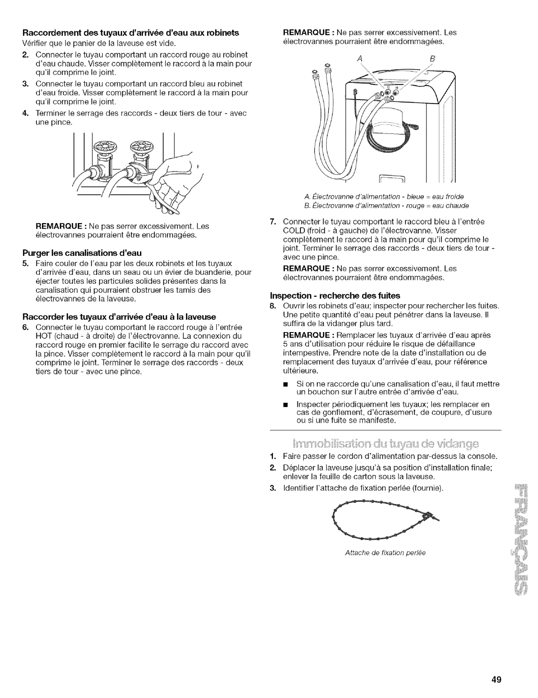 Kenmore 110.4418, 110.4472 manual Raccordement des tuyaux darrive deau aux robinets, Purger les canalisations deau 