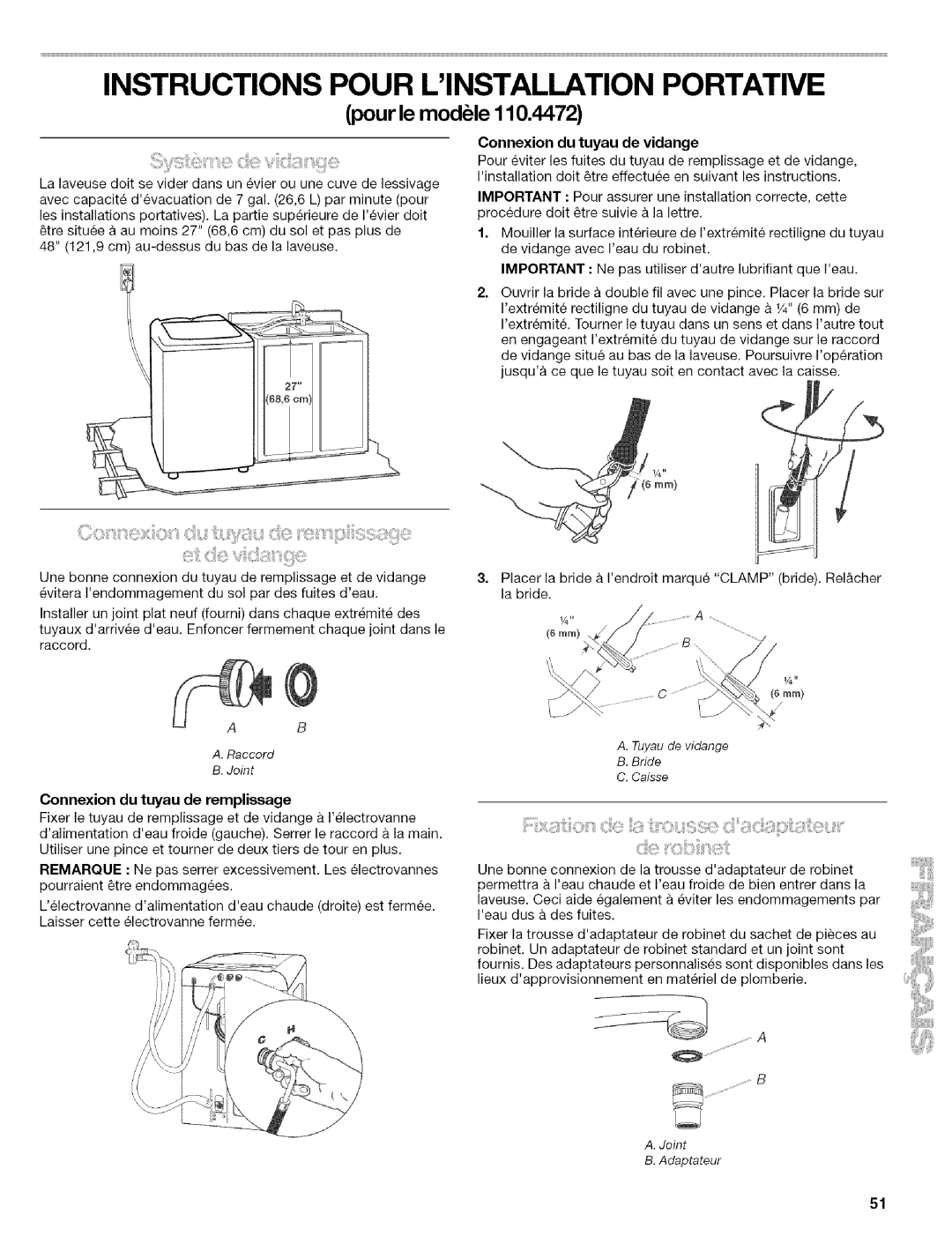 Kenmore 110.4418, 110.4472 manual Connexion du tuyau de vidange, Connexion du tuyau de remplissage 