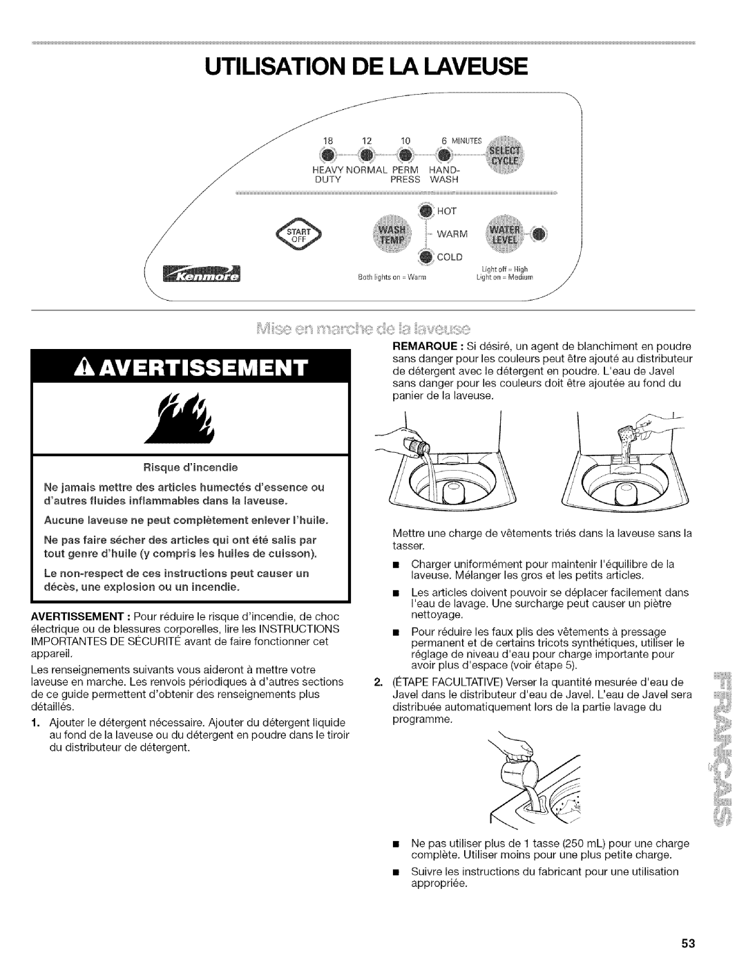 Kenmore 110.4418, 110.4472 manual Utilisation DE LA Laveuse 