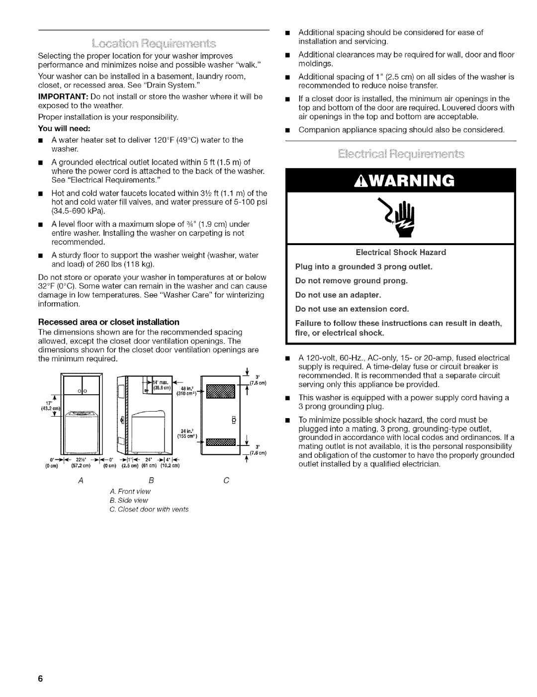 Kenmore 110.4472, 110.4418 manual Yourwashercanbeinstalledabasement,laundryroom, Recessed area or closet installation 