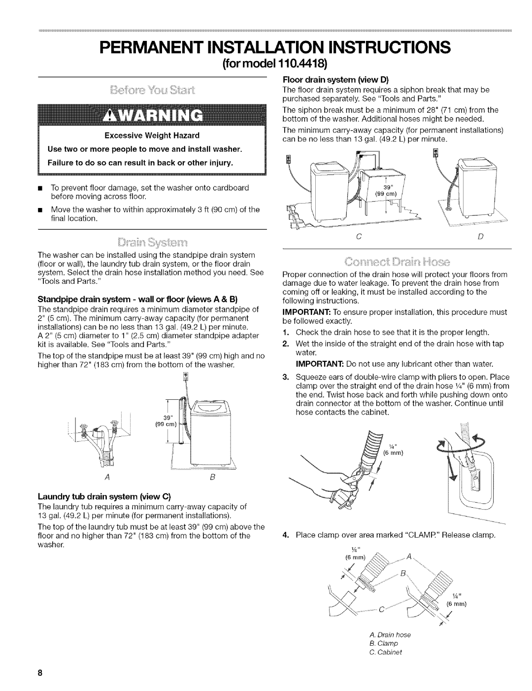 Kenmore 110.4472, 110.4418 manual Permanent Installation Instructions, Standpipe drain system wall or floor views a & B 