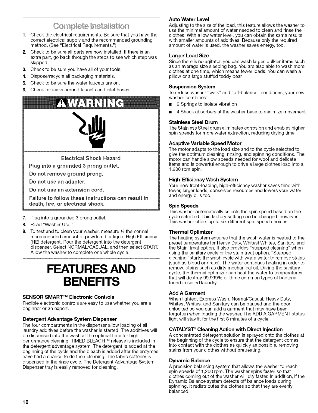 Kenmore 110.4292, 110.4493, 110.4492 manual Features Benefits 