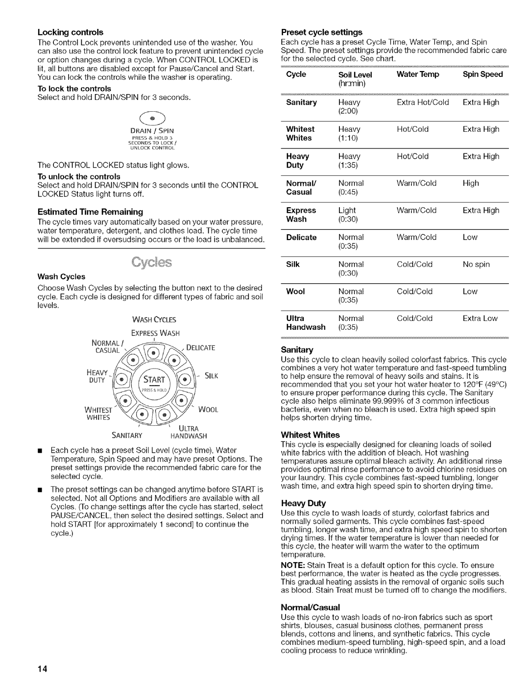 Kenmore 110.4492, 110.4493 Locking controls, Estimated Time Remaining, Wash Cycles, Heavy, Duty, Delicate, Ultra, Sanitary 