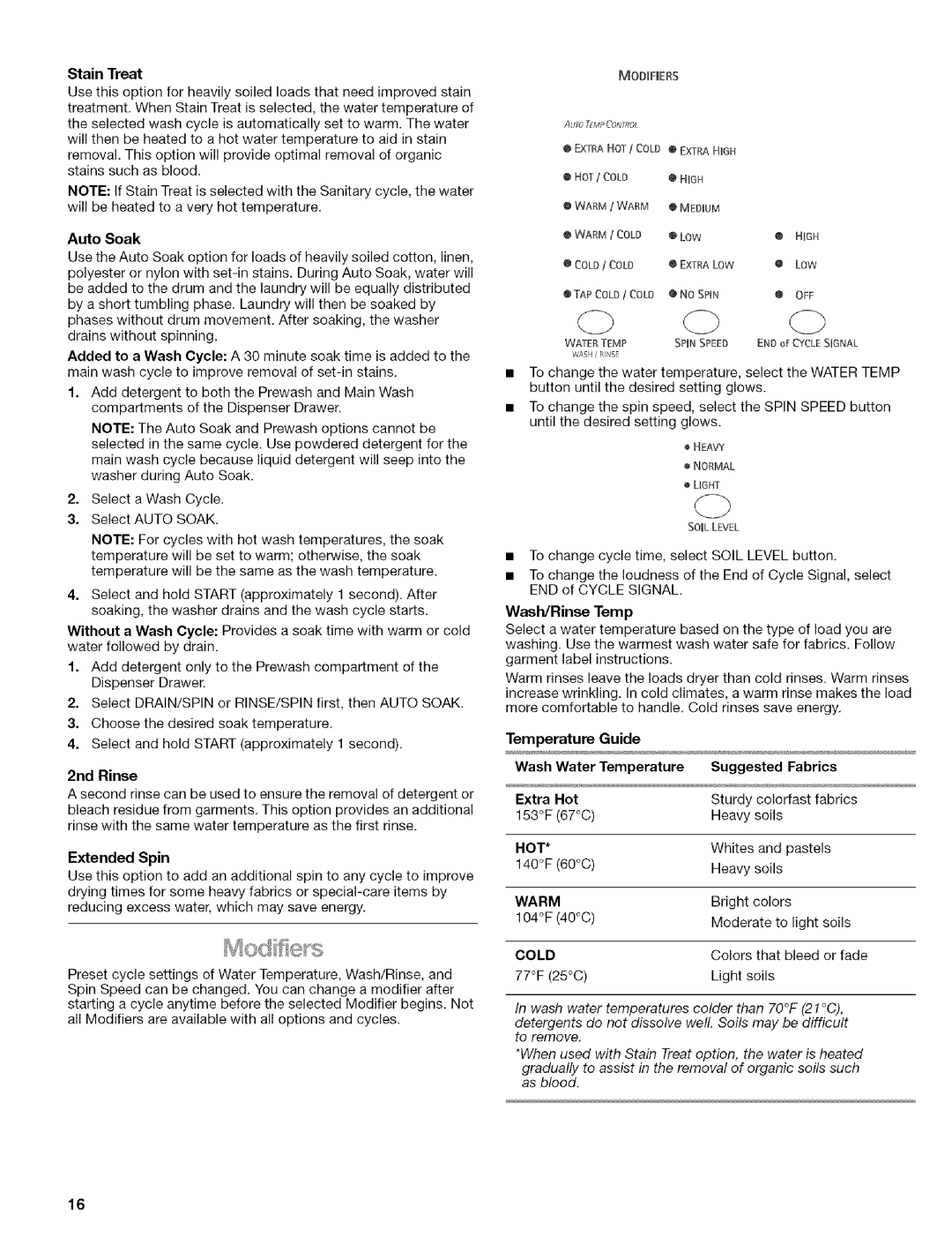 Kenmore 110.4292, 110.4493, 110.4492 manual 2nd Rinse, Extended Spin, Temperature Guide, Temperature Suggested Fabrics 