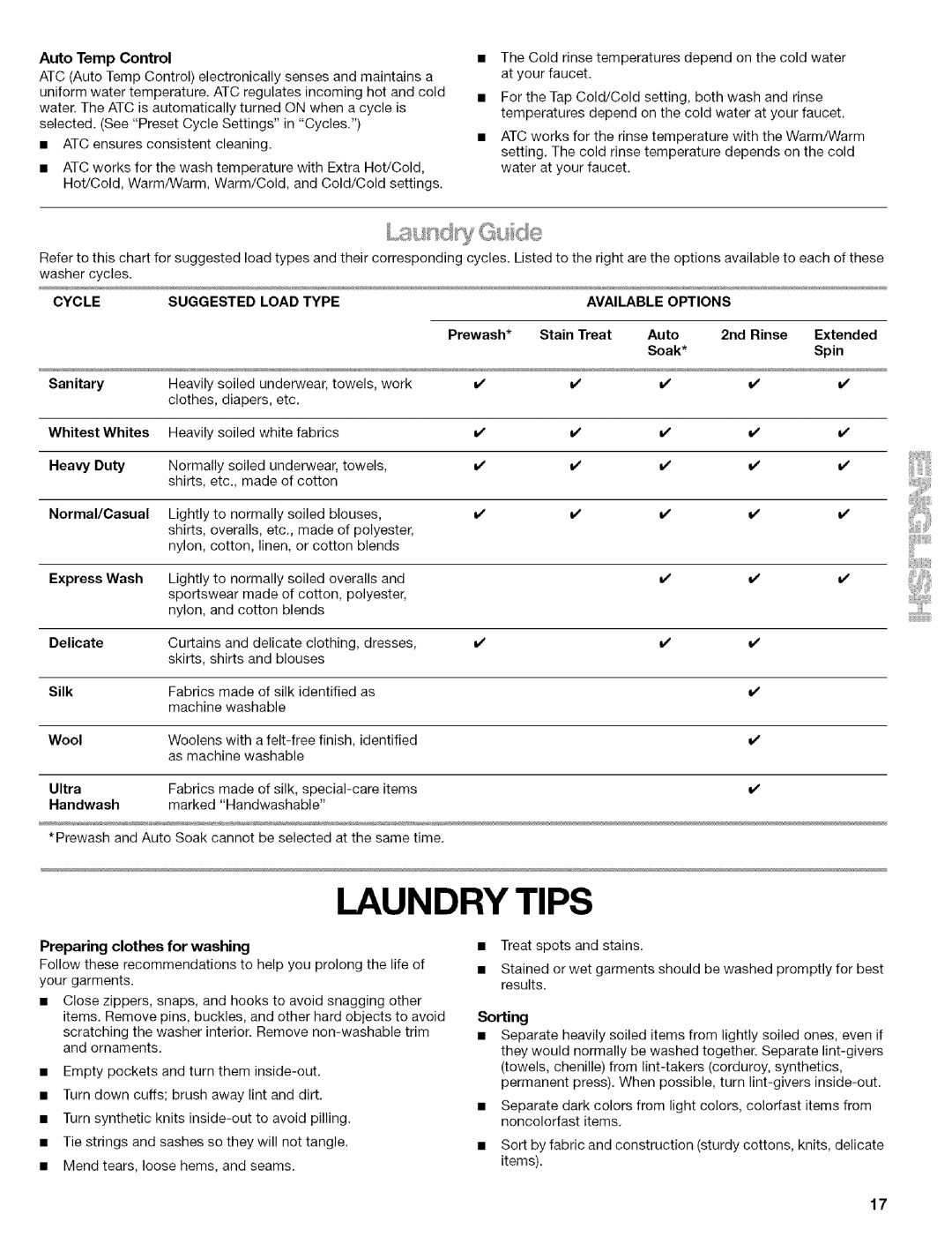 Kenmore 110.4492, 110.4493, 110.4292 manual Laundry Tips, Preparing clothes for washing 