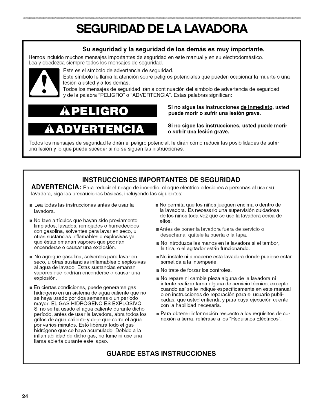 Kenmore 110.4493, 110.4292, 110.4492 Seguridad DE LA Lavadora, Su seguridad y la seguridad de los demds es muy importante 