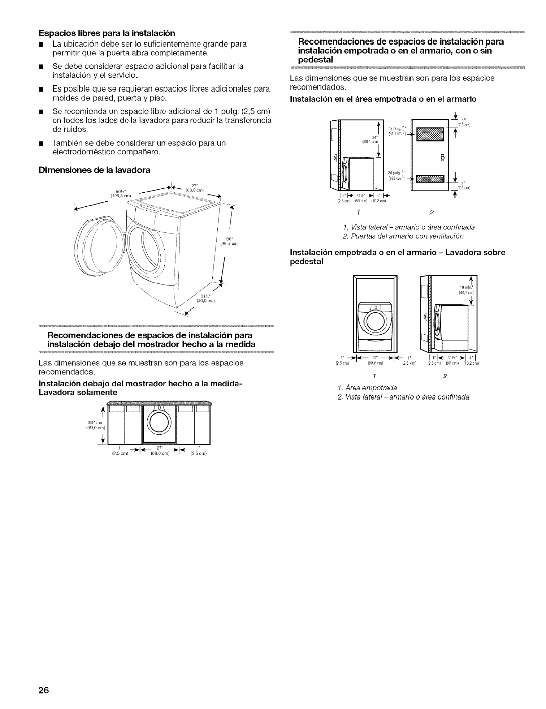 Kenmore 110.4492, 110.4493, 110.4292 manual Dimensiones de la lavadora, Espacios libres para la instalacibn 