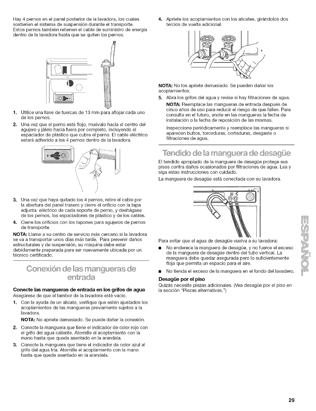 Kenmore 110.4492, 110.4493, 110.4292 manual Conecte las mangueras de entrada en los grifos de agua, Desagiie por el piso 