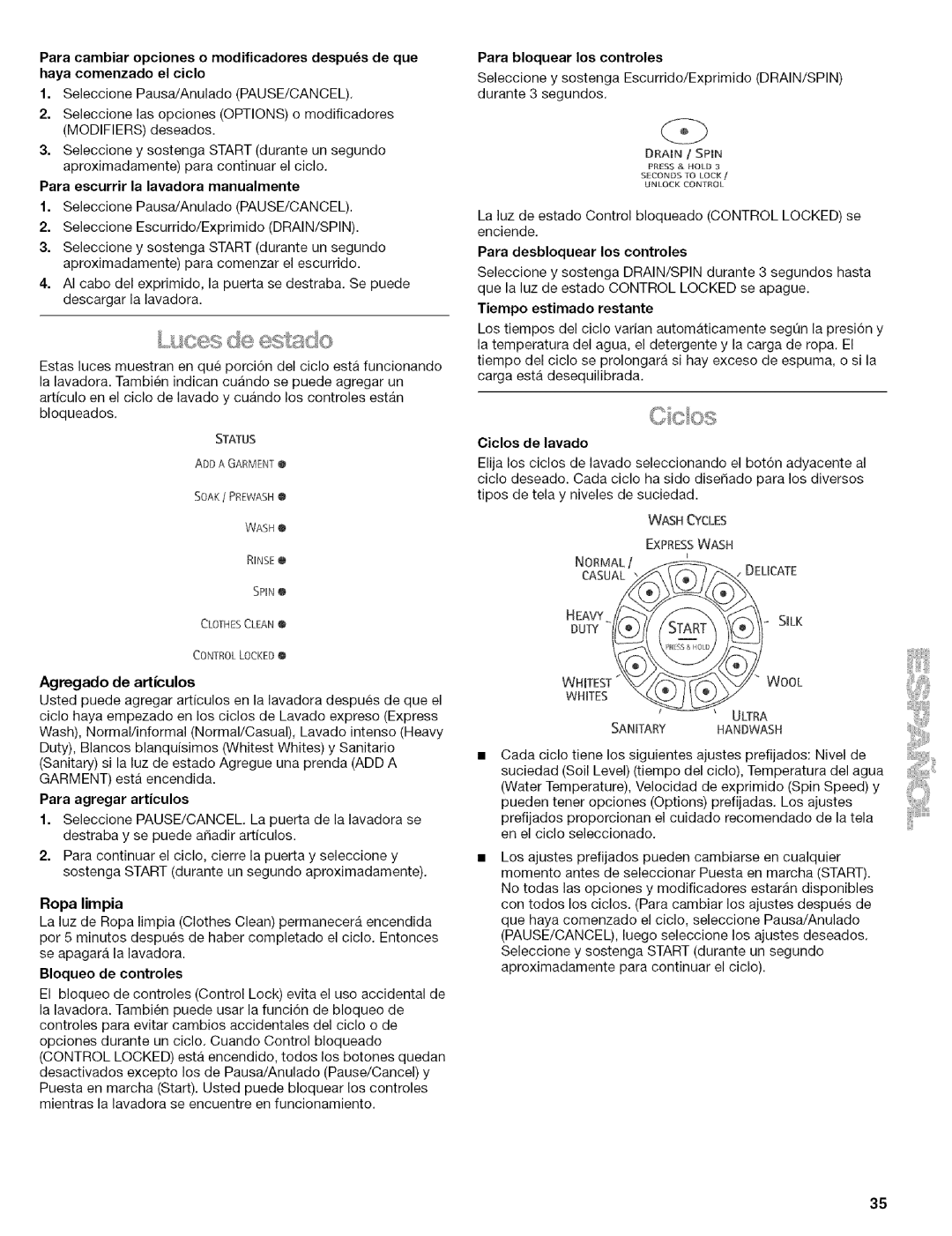 Kenmore 110.4492 Para escurrir la lavadora manualmente, Agregado de articulos, Bloqueo de controles, Ciclos de lavado 