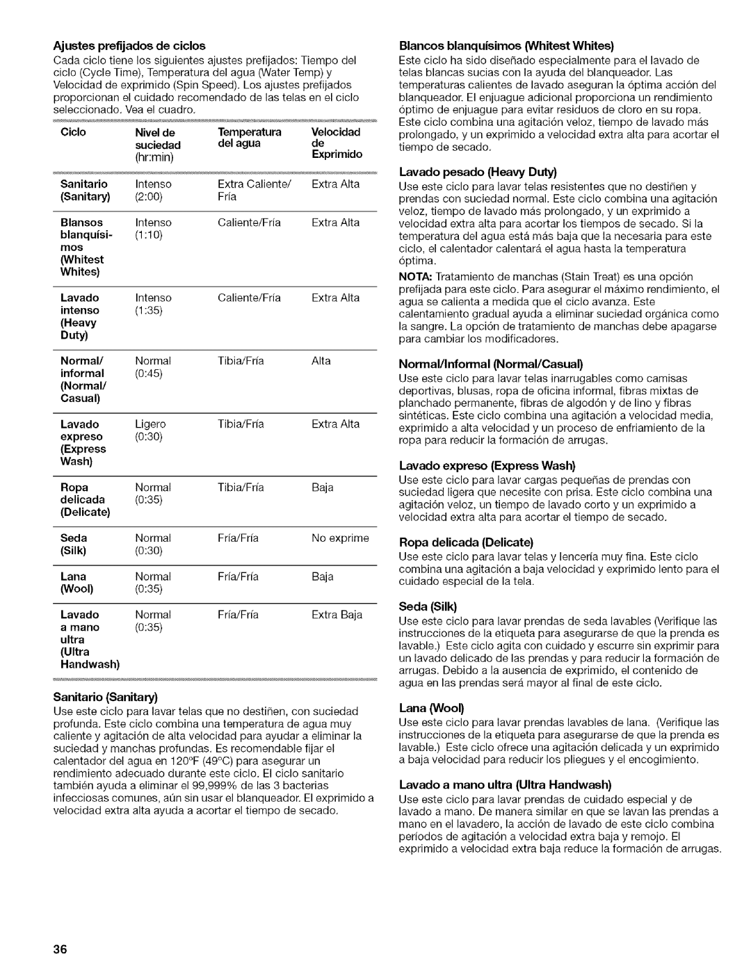 Kenmore 110.4493 Ajustes prefljados de ciclos, Exprimido, Blansos, Blanquisi, Intense, Intenso, Lavado pesado Heavy Duty 