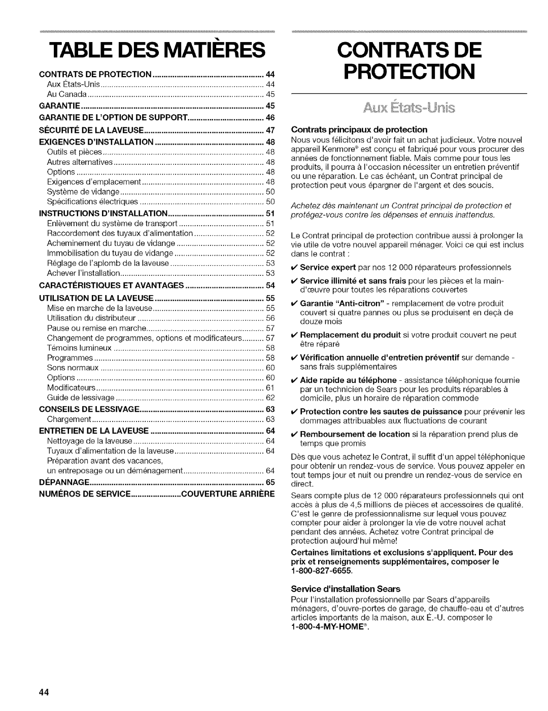 Kenmore 110.4492, 110.4493, 110.4292 manual Table DES Matii RES, Protection, EXlGENCES, Contrats principaux de protection 