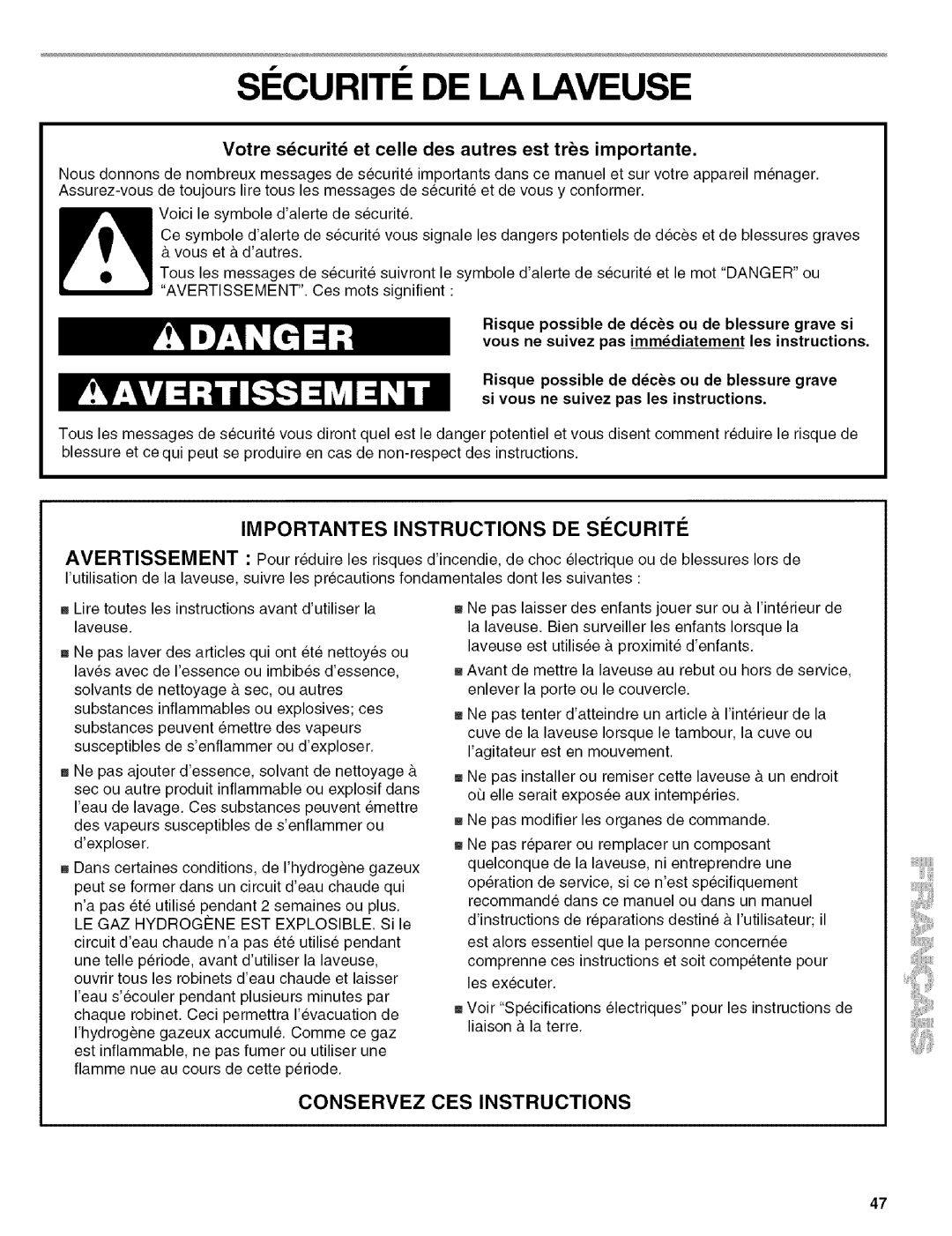 Kenmore 110.4492, 110.4493, 110.4292 manual SI Curiti DE LA Laveuse, Risque possible de dcs ou de blessure grave si 