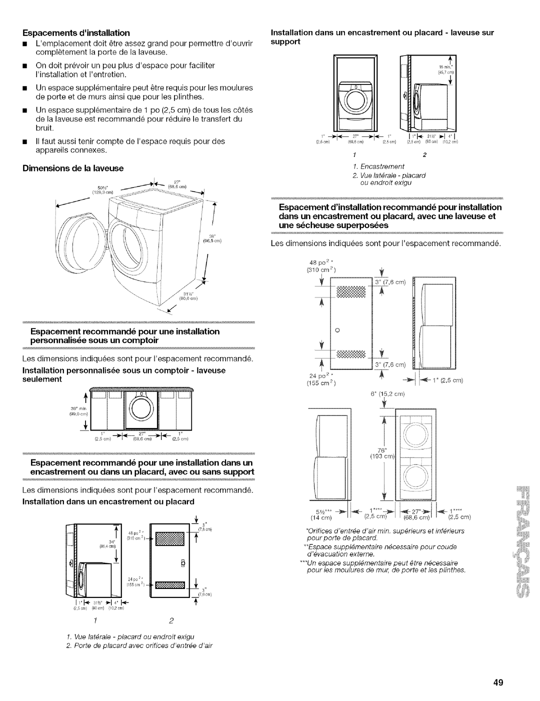 Kenmore 110.4292, 110.4493, 110.4492 manual Espacements dinstallation, Dimensions de la laveuse 