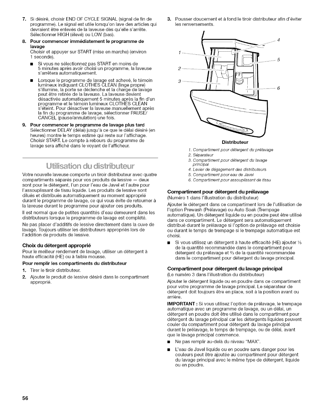 Kenmore 110.4492, 110.4493, 110.4292 manual Choix du dtergent appropri, Distributeur 