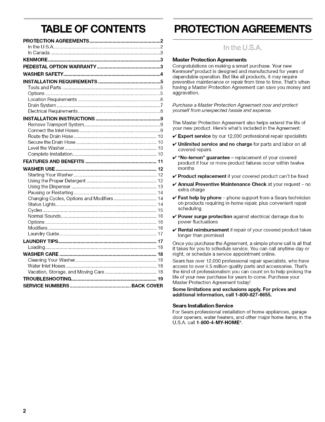 Kenmore 110.4587, 110.4586 manual Table of Contents, Protection Agreements 