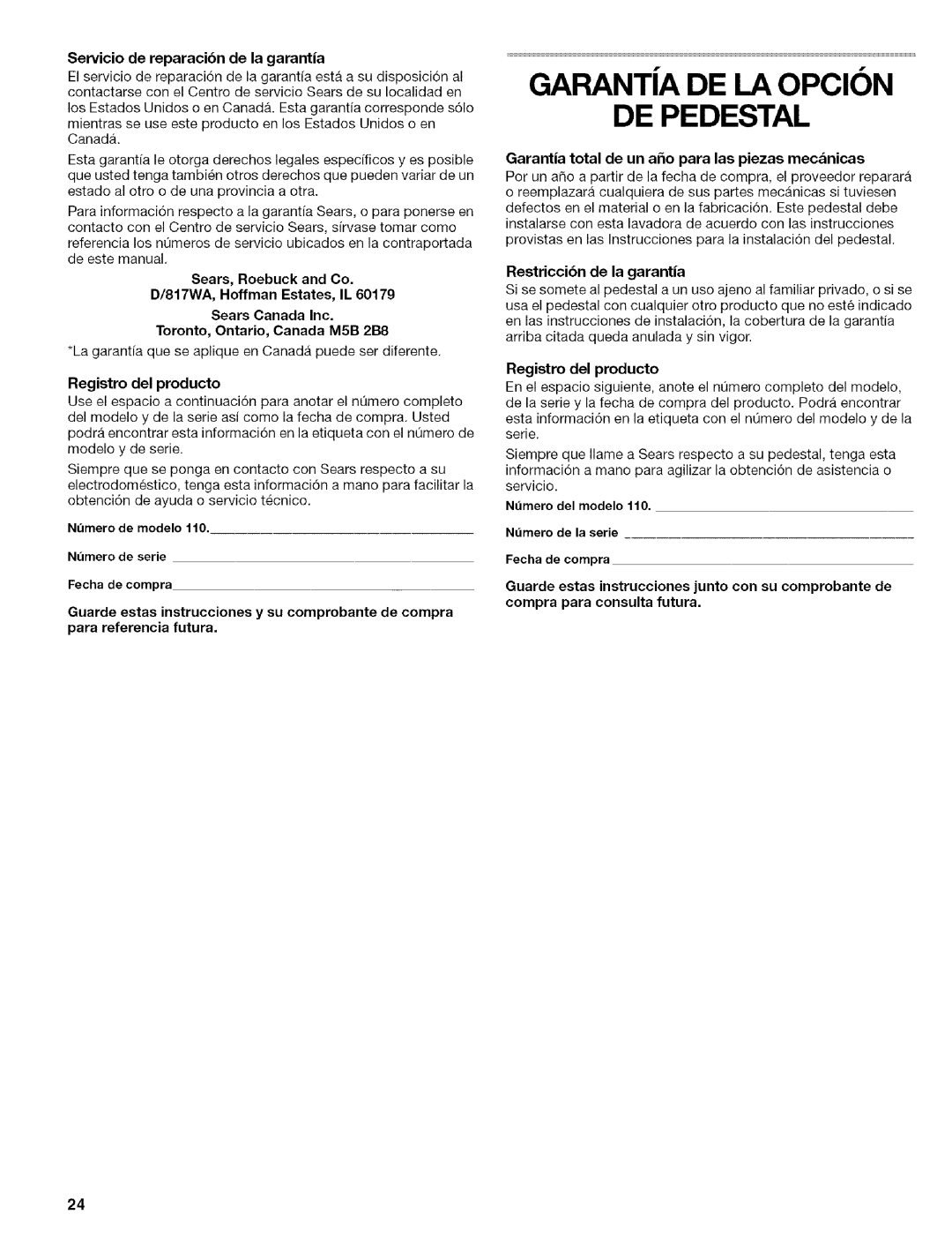 Kenmore 110.4587, 110.4586 manual DE Pedestal, Servicio de reparacibn de la garantia, Registro del producto 