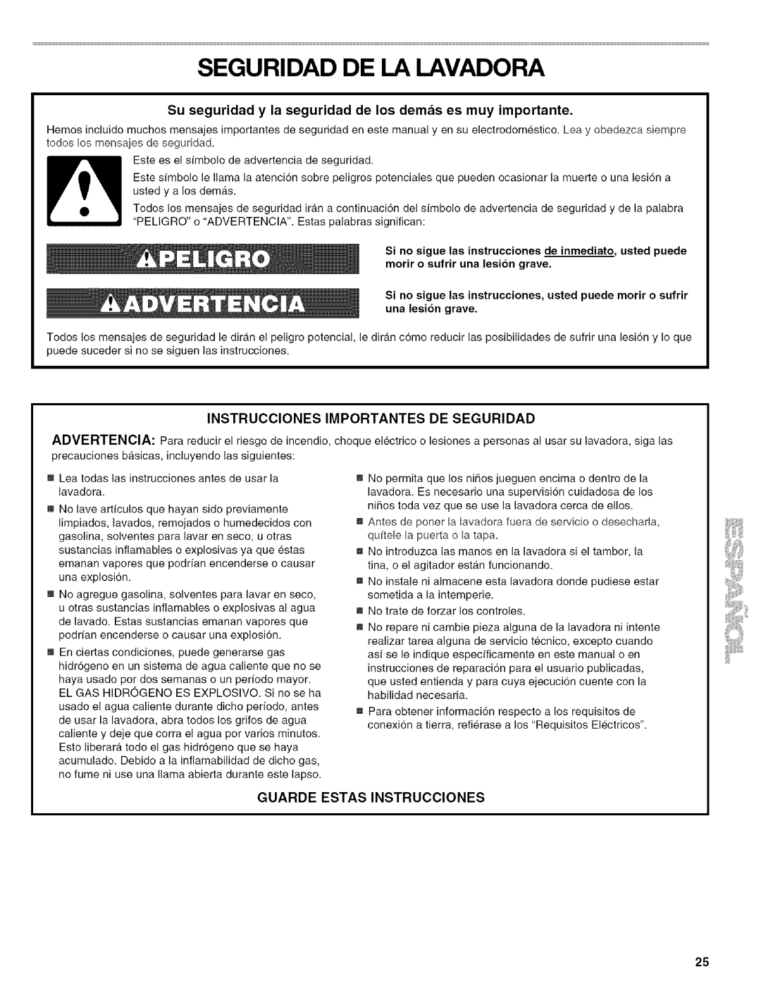 Kenmore 110.4586, 110.4587 manual Seguridad DE LA Lavadora, Su seguridad y la seguridad de los demas es muy importante 