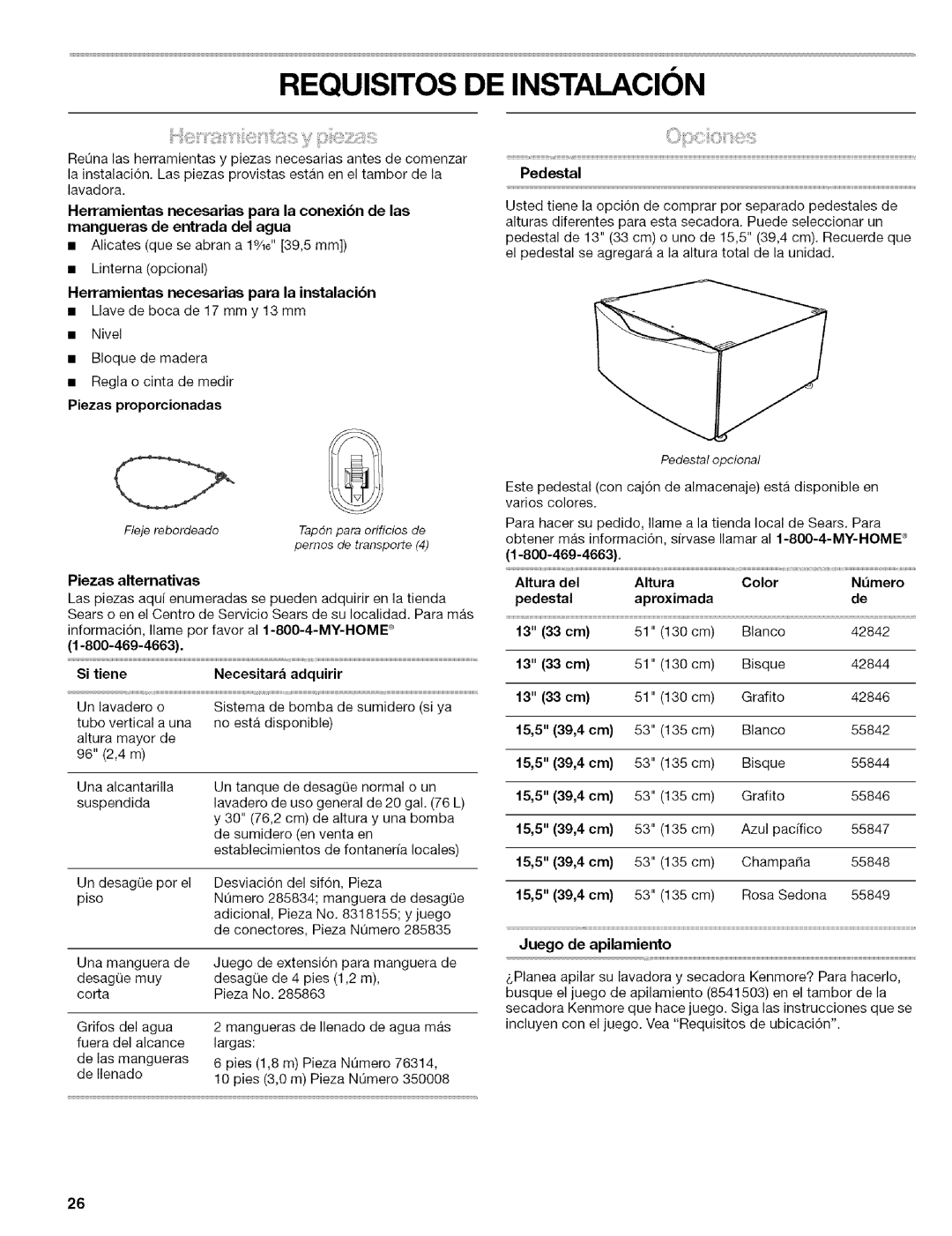 Kenmore 110.4587, 110.4586 manual Requisitos DE Instalacion 