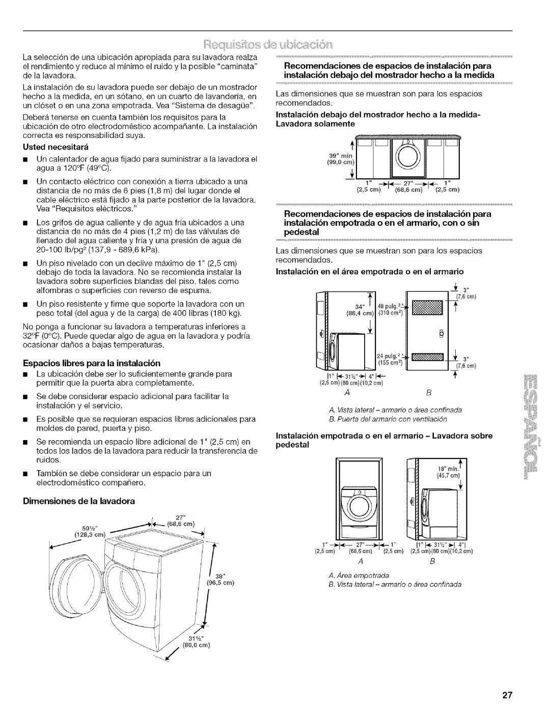 Kenmore 110.4586, 110.4587 manual Iiiii!ii!,/iiiiilj!iiiii¸tiii%iS!i!!!jiil!iii!!iiii!i, Dimensiones de la lavadora 