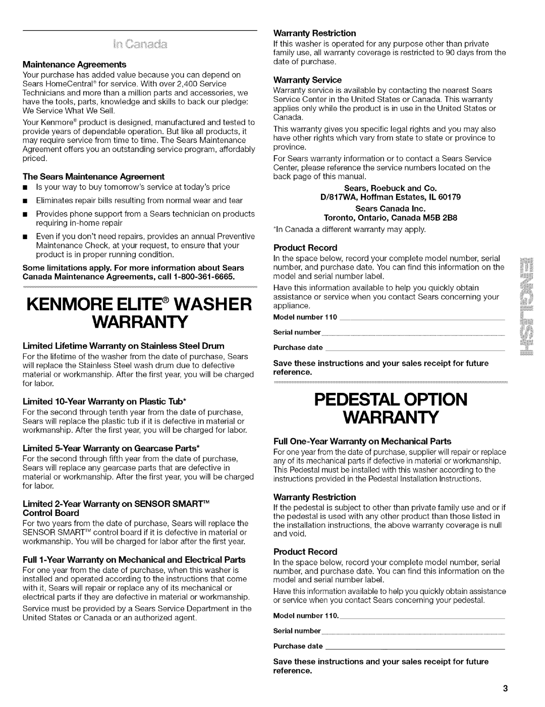 Kenmore 110.4586, 110.4587 manual Kenmore Elite Washer Warranty, Pedestal Option Warranty 