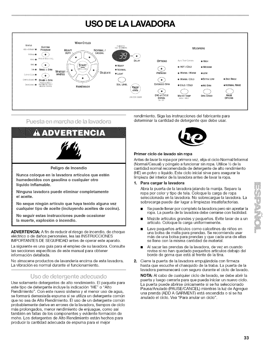 Kenmore 110.4586, 110.4587 manual USO DE LA Lavadora, Primer eiclo de lavado sin ropa 