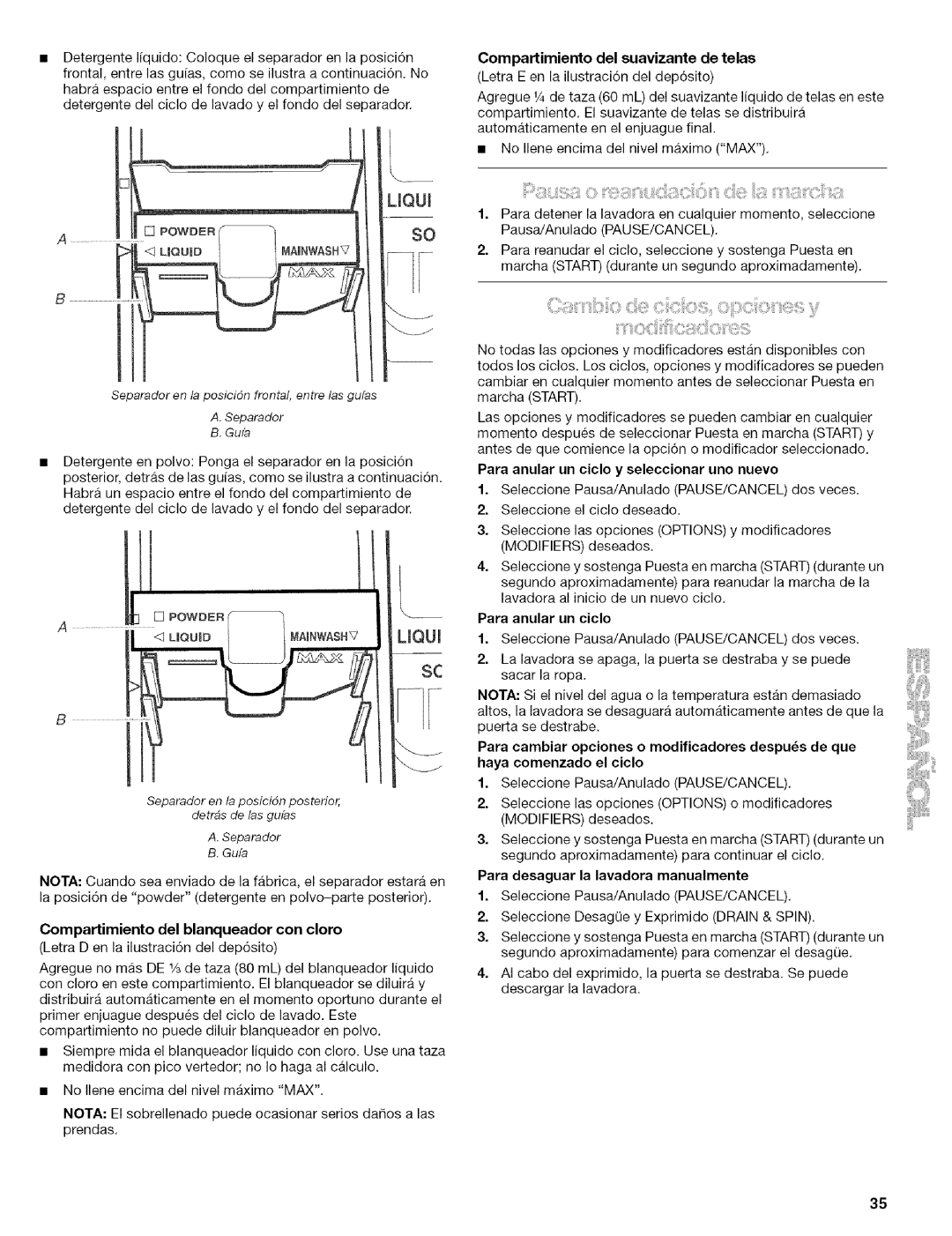 Kenmore 110.4586 manual Mainwashv, Compartimiento del blanqueador con cloro, Para anular un ciclo y seleccionar uno nuevo 